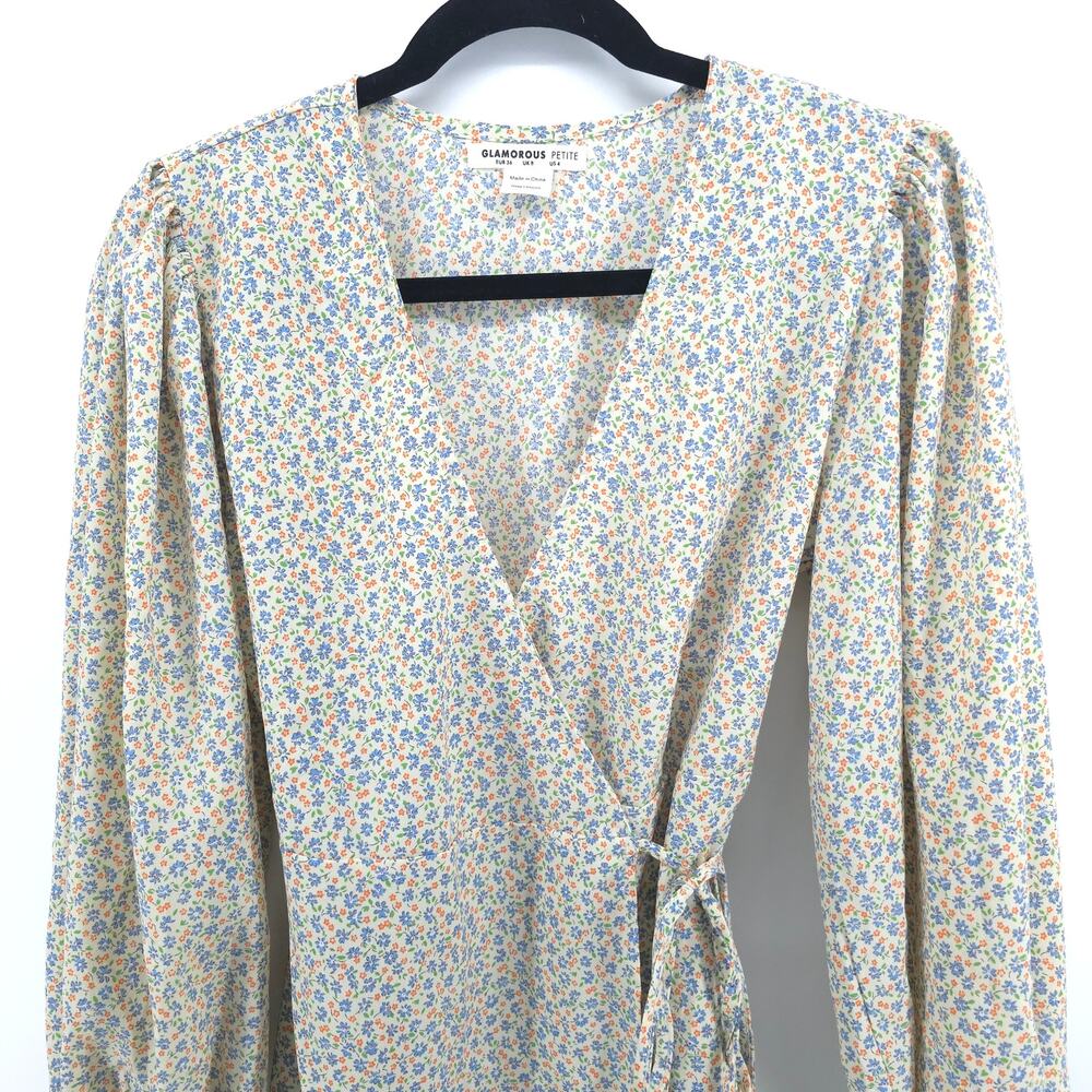 Glamorous ASOS Cream V Neck Tea Micro Floral Print Wrap-Tie Waist Mini Dress 4 - Picture 2 of 13